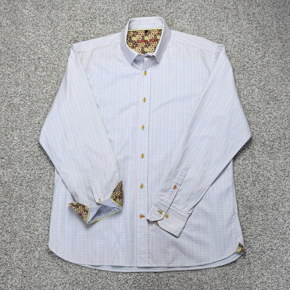 Visconti Black Men's L Cotton Textured Multicolor Button Up Shirt Contrast Cuffs